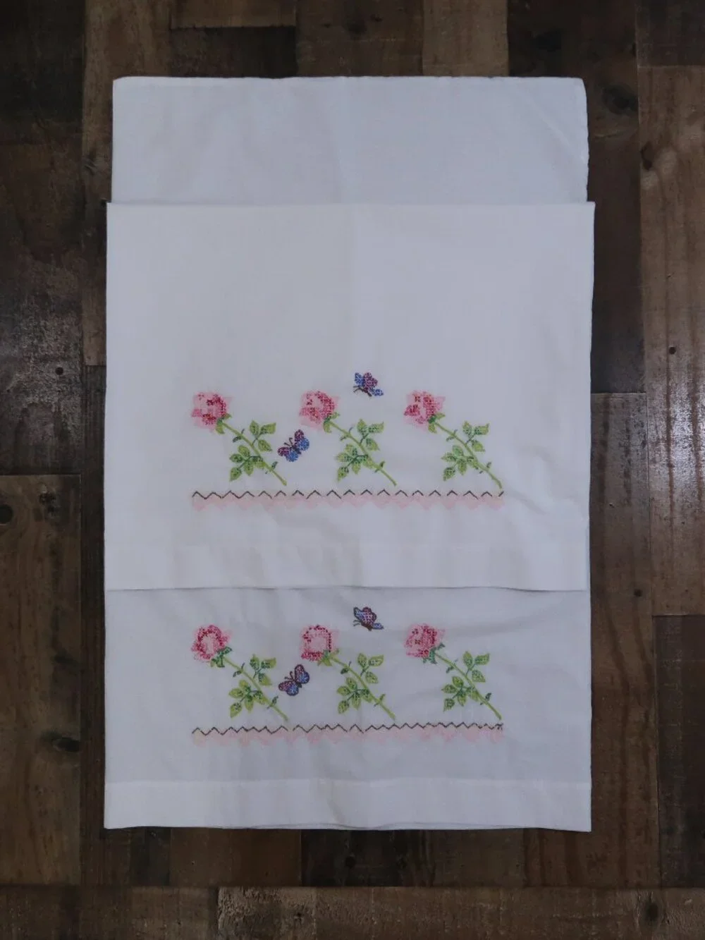 Pair of Embroidered Pillow Cases Roses Butterflies Vintage Linens Floral